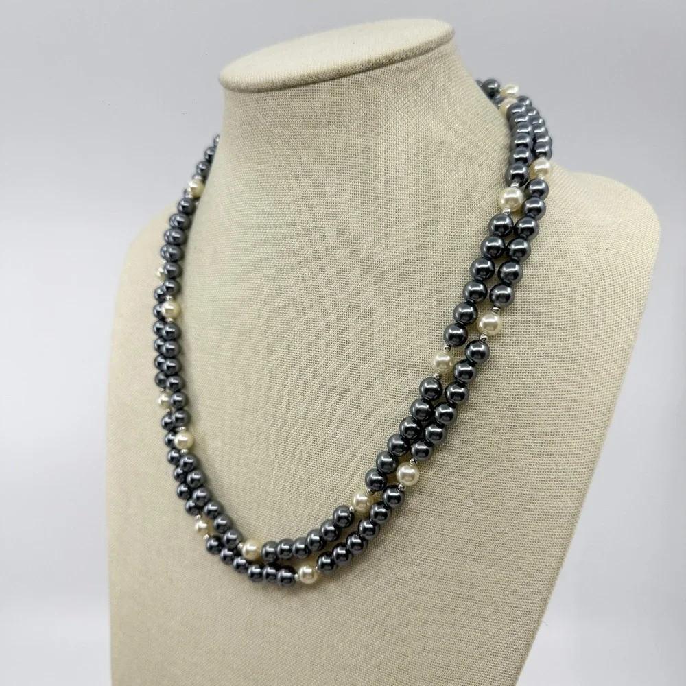 Gray Cream Faux Pearl Extra Long Wrap Necklace Silver Tone Boho Statement Gift